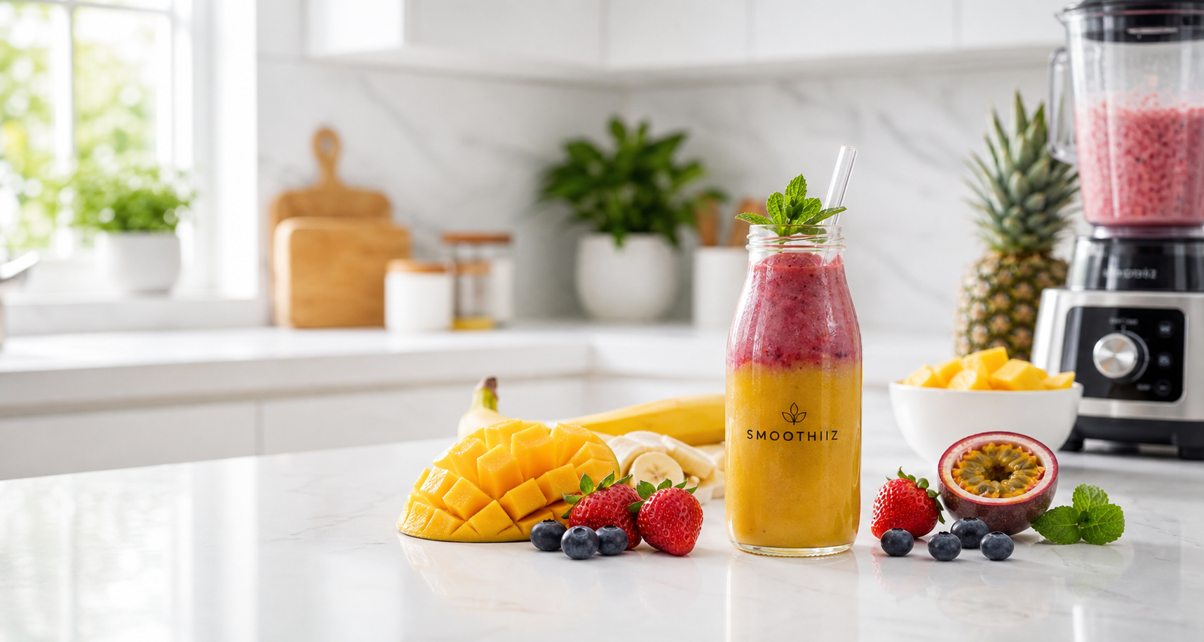 Smoothie protéiné SMOOTHIIZ dans une cuisine blanche